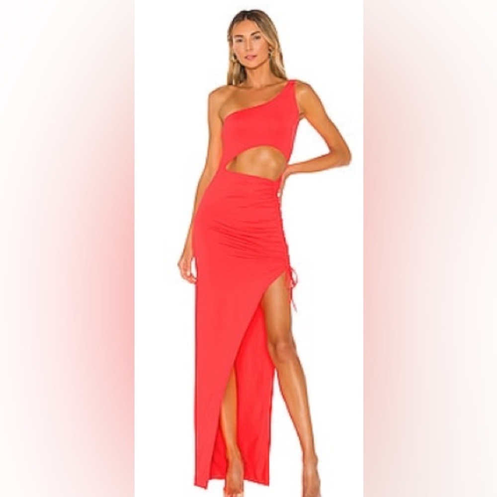superdown One-Shoulder Cutout Coral Red Maxi Dress